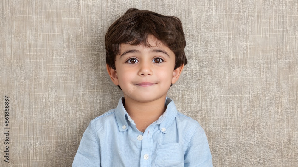 A young boy with brown hair smiles at the camera while wearing a light blue button-down shirt A young boy with brown hair smiles at the camera while wearing a light blue button-down shirt