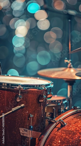 A close-up of a drum set ready for a performance