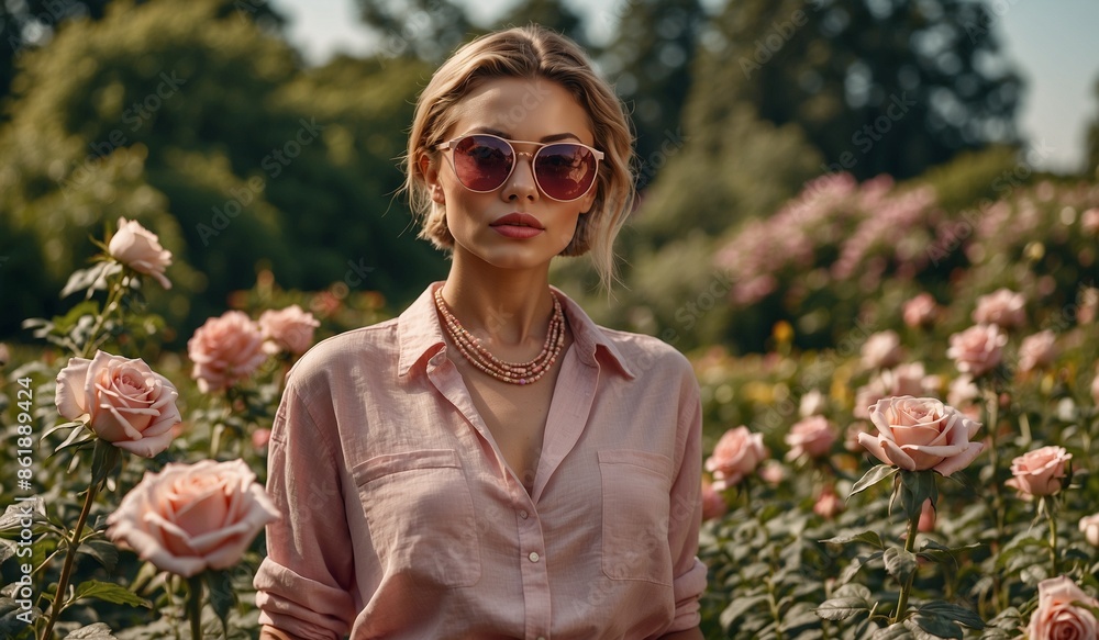 Stylish woman in pink shirt enjoying a rose garden view Stylish woman in pink shirt enjoying a rose garden view