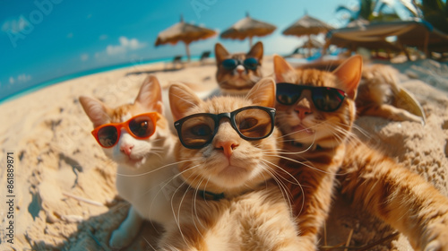 Four cats wearing sunglasses pose for a selfie on the beach