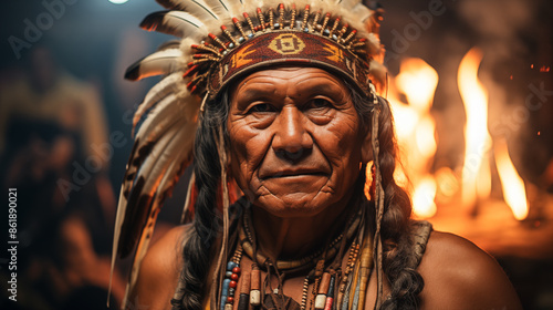 A close-up portrait of a Native American elder wearing traditional headdress, looking intently at a fire in the background