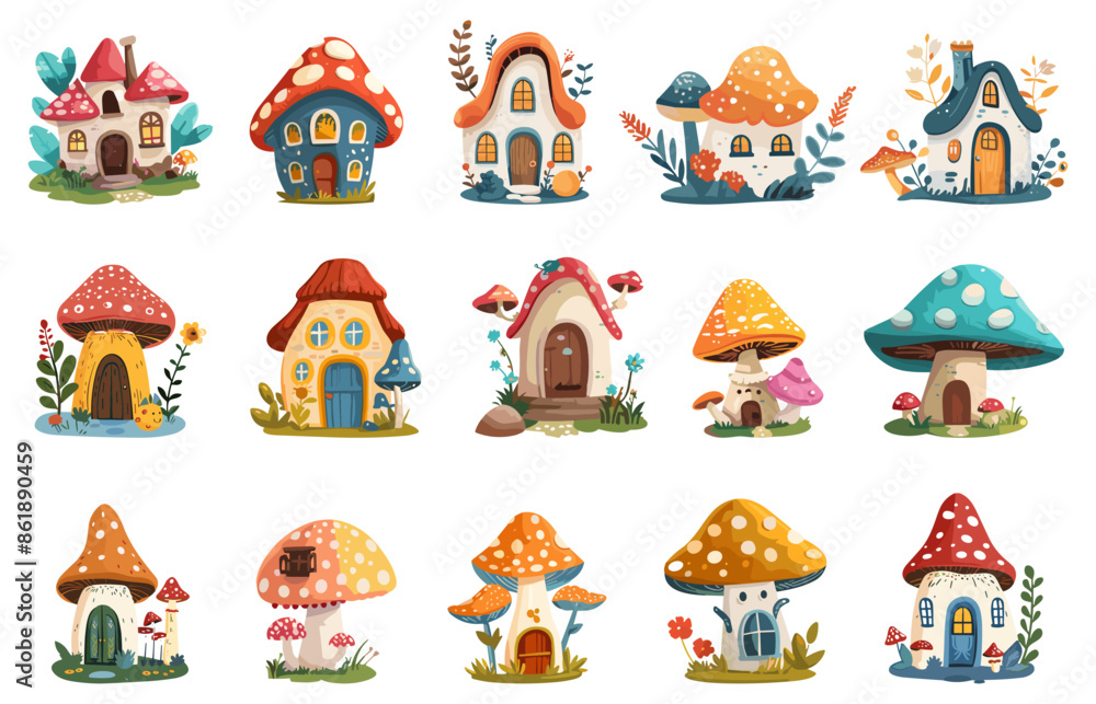 Obraz premium Fantasy fairy mushrooms houses set covered with flowers and grass wih windows and doors. Funny childish fairytail magic elements. Vector clip art collection for children book