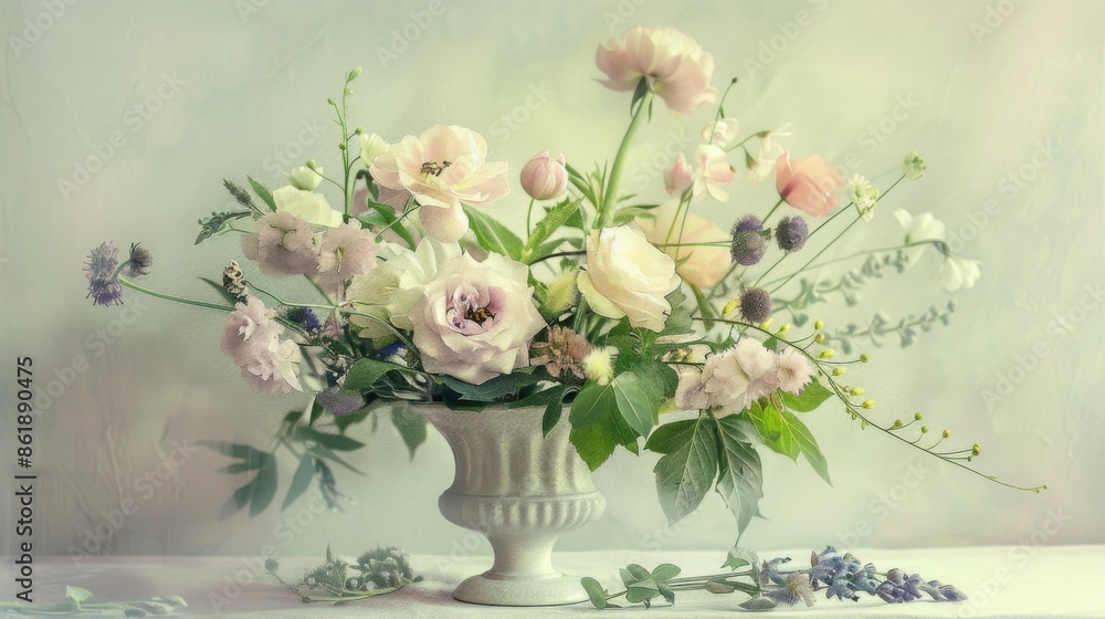 A beautiful bouquet of white and pink flowers arranged in a white urn vase. The flowers are in full bloom and the vase is set on a white table against a pale green background A beautiful bouquet of white and pink flowers arranged in a white urn vase. The flowers are in full bloom and the vase is set on a white table against a pale green background