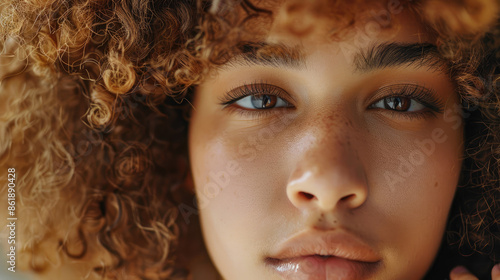 A close-up of a young person with curly hair and freckles, showcasing their expressive eyes and calm demeanor. The image emphasizes natural beauty.