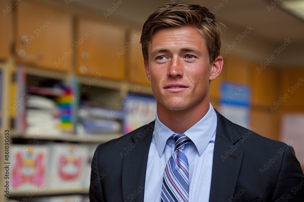 Young Man Wearing a Suit and Tie Standing in a Classroom Young Man Wearing a Suit and Tie Standing in a Classroom