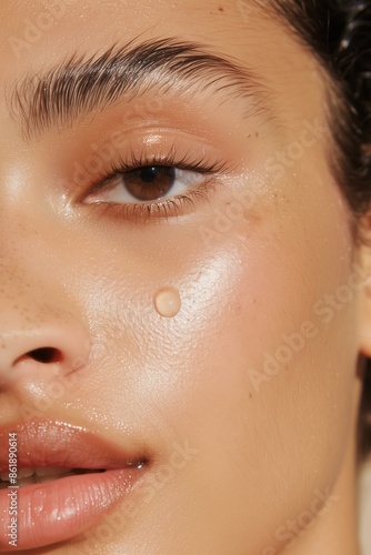 face with clear, glowing skin, showcasing a drop of serum running down the cheek. The style is radiant and fresh photo