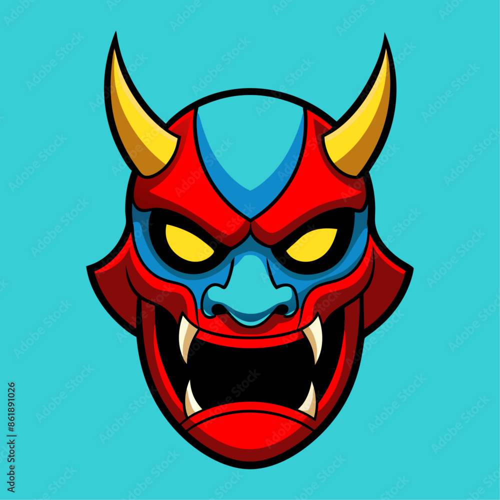Naklejka premium A traditional Japanese demon Hannya mask with sharp teeth, yellow horns, and yellow eyes. The mask is red and blue with a open mouth, and it is set against a blue background. 