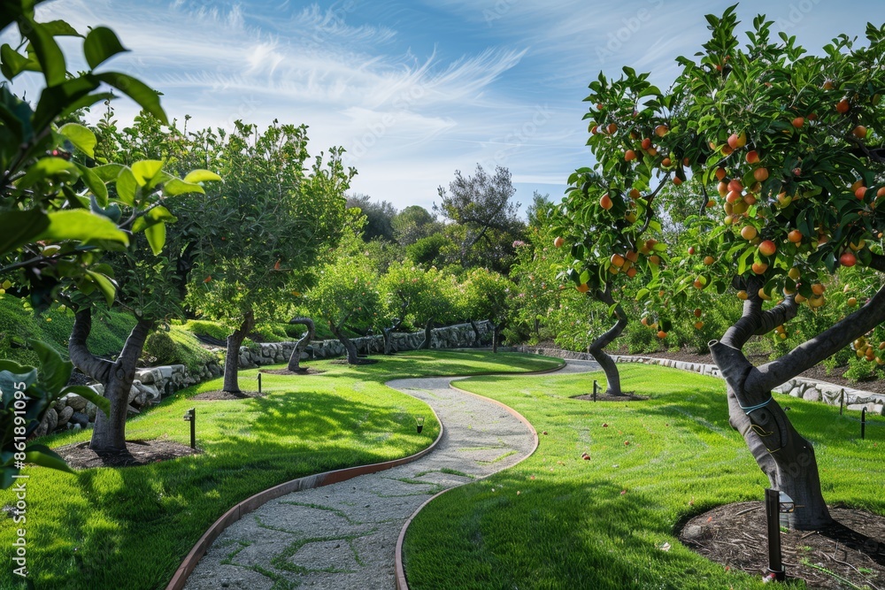 Fototapeta premium Winding pathway through a lush orange grove on a sunny day