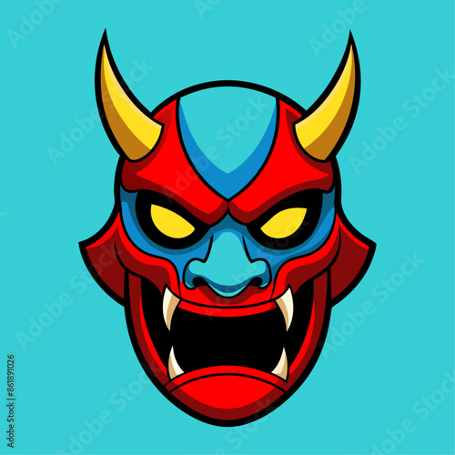 A traditional Japanese demon Hannya mask with sharp teeth, yellow horns, and yellow eyes. The mask is red and blue with a open mouth, and it is set against a blue background. 