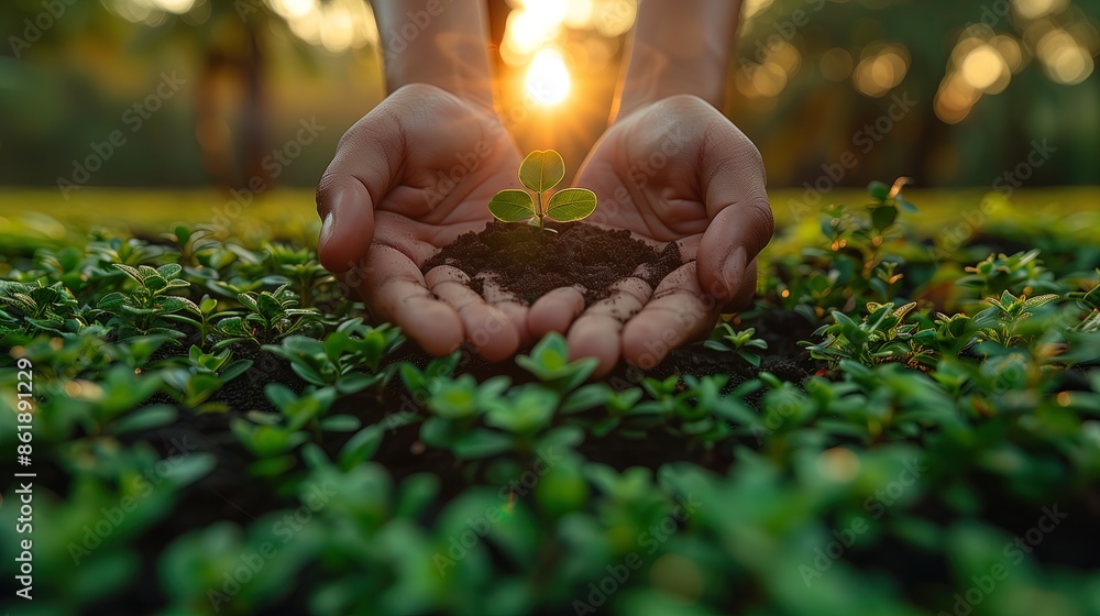Fototapeta premium two hands holding a green sprout in a planted field.
