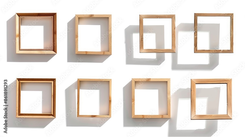 Collection of several blank wooden photo frames with shadow reflections on white backdrop