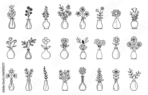 Flowers in vase linear set. Plants in interior. Clean lines, straight edges. Natural simple flower and leaf arrangement elements in pots. Vector clipart collection