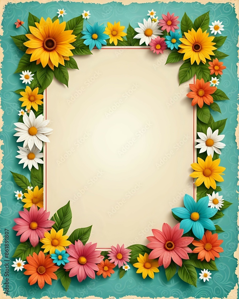 Fototapeta premium Portrait summer background frame with blank paper texture in the middle and floral elements in retro style