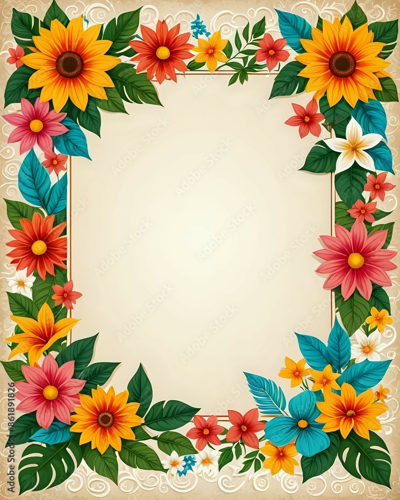 Portrait summer background frame with blank paper texture in the middle and floral elements in retro style Portrait summer background frame with blank paper texture in the middle and floral elements in retro style