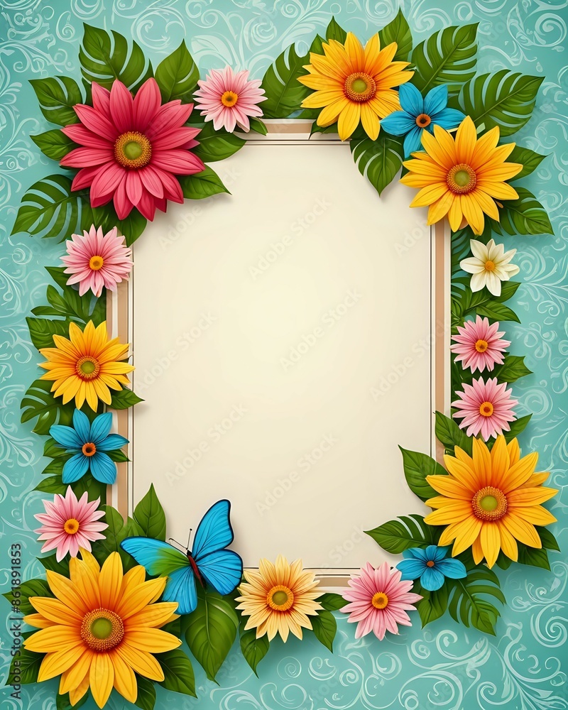 Obraz premium Portrait summer background frame with blank paper texture in the middle and floral elements in retro style