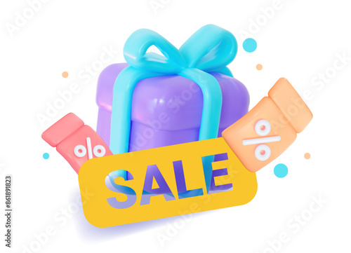 3D vector gift box with flight coupons. Sale banner sign. Bright creative design.
