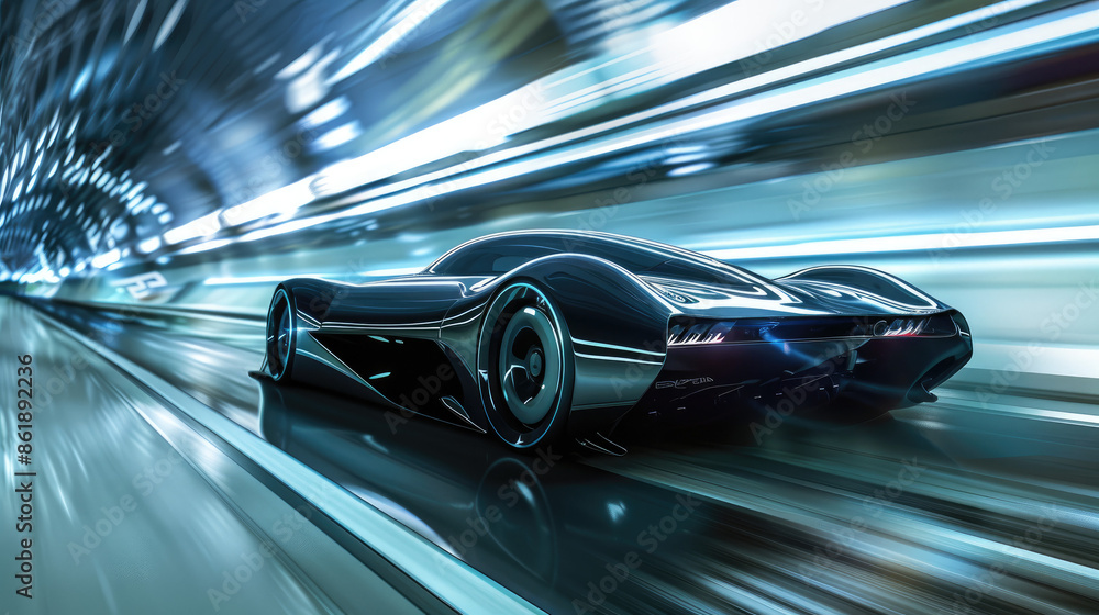 A sleek, futuristic black car speeds through a tunnel with bright, blue-tinted lights, creating a dynamic motion blur and a sense of high velocity. A sleek, futuristic black car speeds through a tunnel with bright, blue-tinted lights, creating a dynamic motion blur and a sense of high velocity.
