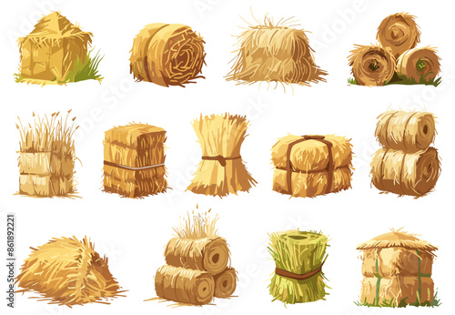 Hay bales, piles, heaps and stacks set. Dry grass in packs. Straw in rolls. Simple flat cartoon style. Vector clipart collection