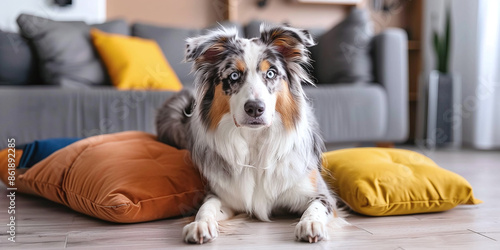 Adorable Australian Shepherd dog with pillows sitting on floor at home