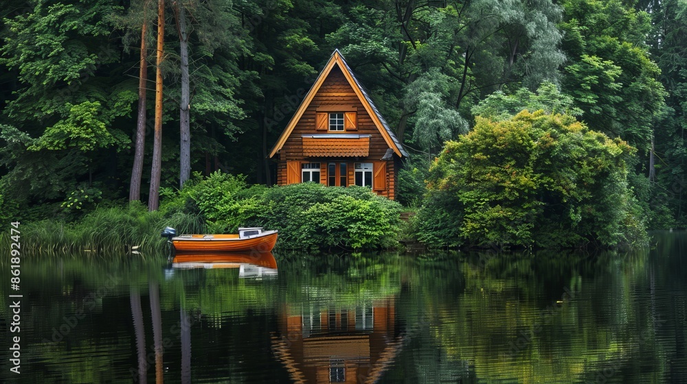 A-shaped wooden house sits amidst green trees and bushes on a tiny island in the lake. A boat rests by the shore, reflecting in the still waters A-shaped wooden house sits amidst green trees and bushes on a tiny island in the lake. A boat rests by the shore, reflecting in the still waters