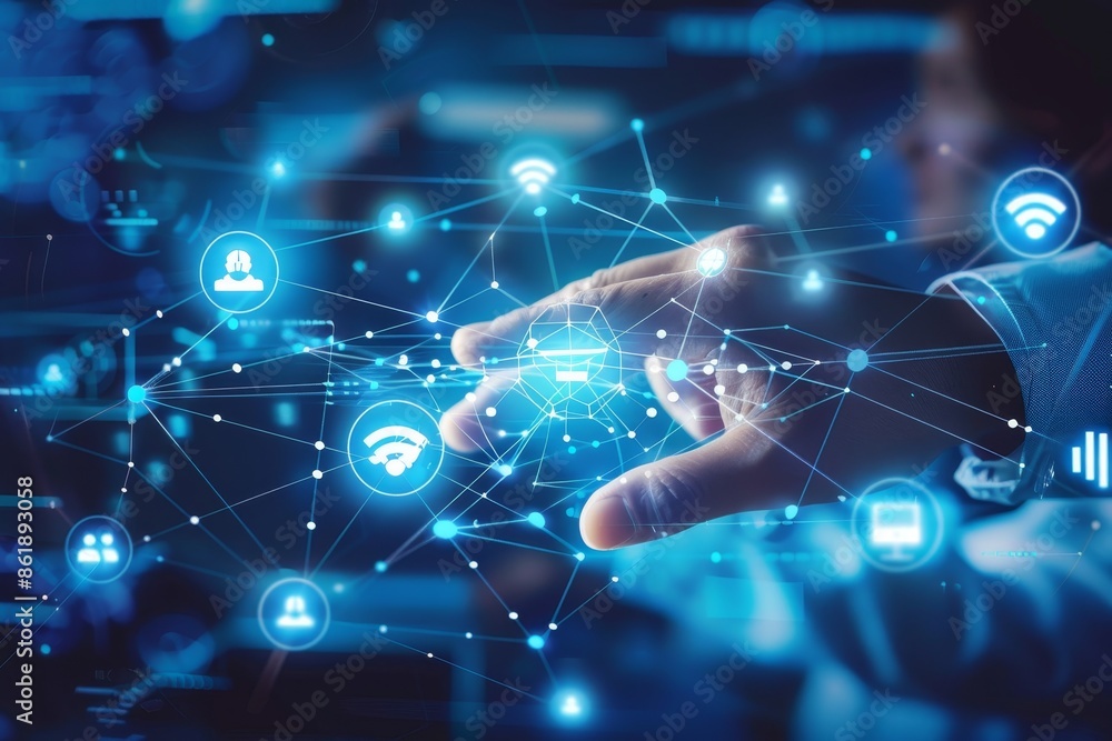 A businessman touches digital icons on a virtual screen with the concept of a global network and data transmission in the background in a blue color scheme. A businessman touches digital icons on a virtual screen with the concept of a global network and data transmission in the background in a blue color scheme.