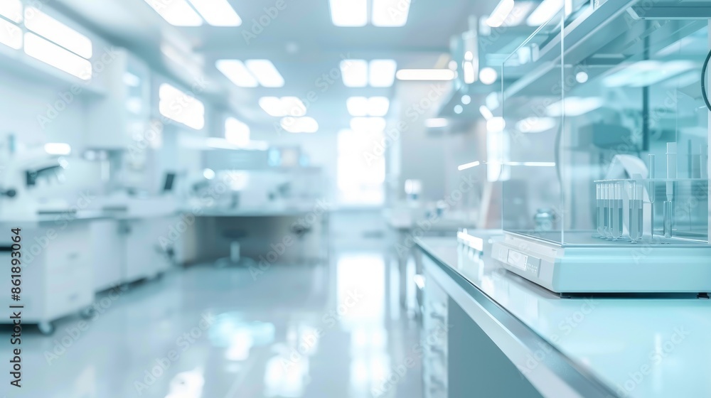 Blurred modern laboratory room with scientific background in white and light blue tones