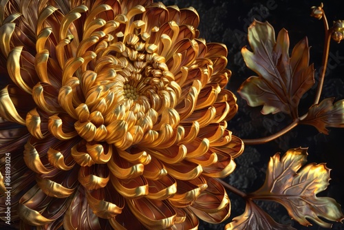 A chrysanthemum with intricate petals, colored in shades of gold, set against a charcoal backdrop. The complexity and detailed structure of the chrysanthemum are highlighted.