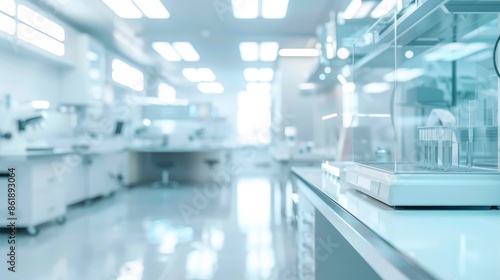 Obraz na płótnie Blurred modern laboratory room with scientific background in white and light blue tones w salonie