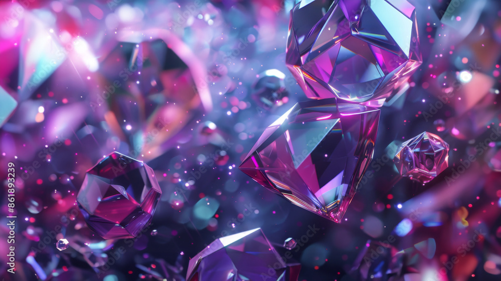 A digital illustration of large, faceted purple and pink crystals floating in space, surrounded by a soft, blurred background A digital illustration of large, faceted purple and pink crystals floating in space, surrounded by a soft, blurred background