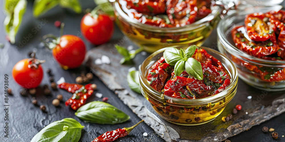 traditional Italian sun-dried tomatoes in oil with basil traditional Italian sun-dried tomatoes in oil with basil