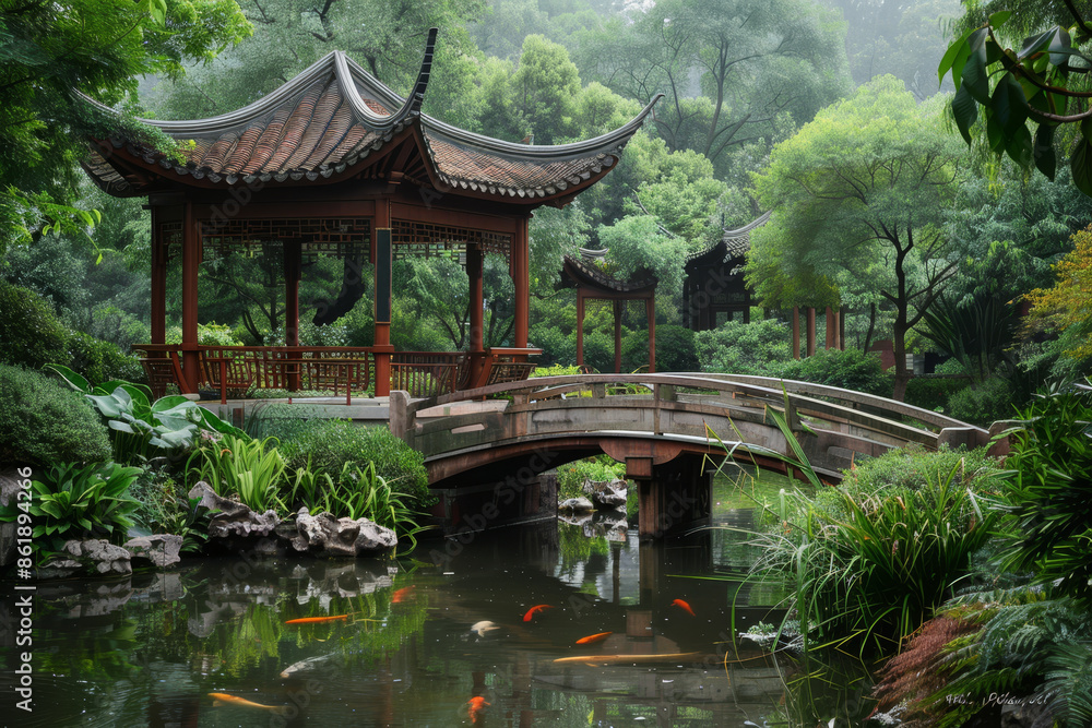 Traditional Chinese garden with pond, bridge, and pavilion surrounded by lush greenery. Traditional Chinese garden with pond, bridge, and pavilion surrounded by lush greenery.