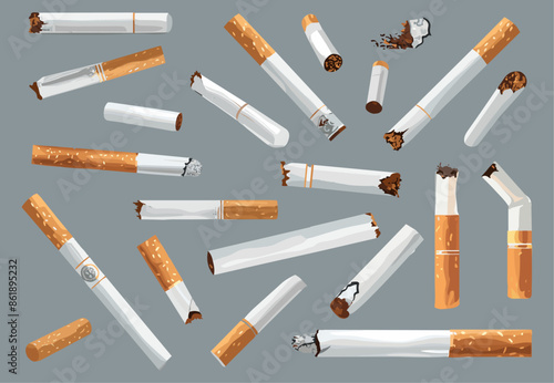 Realistic cigarettes set. Broken full cigarette ash and butt. Element for smoking related designs. Unhealthy lifestyle elements isolated vector graphic collection