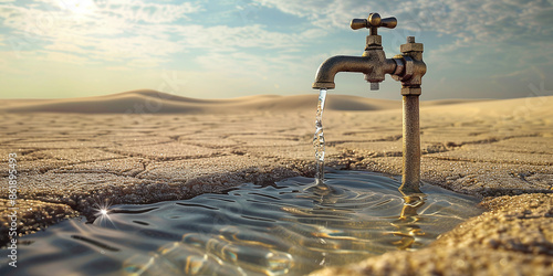 Water tap flowing into arid desert sand on a planet facing water scarcity