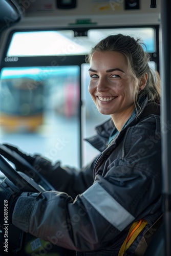 Happy female bus driver Generative AI © Evghenii