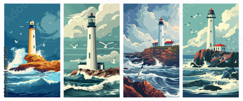 Rugged sea coast with lighthouse posters set. Lighthouse stands tall against crashing waves. Seagulls clouds rocks. Vector illustrations collection