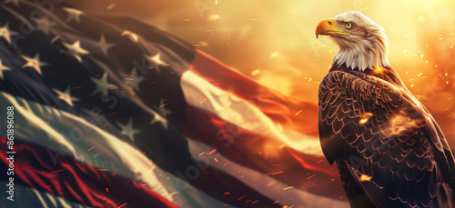 Bald eagle standing against an American Flag background. US Independence Day or July 4th background