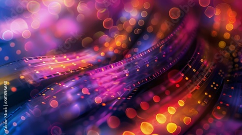 Close Up Of Film Strip With Colorful Bokeh Lights