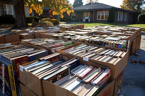 Cardboard Boxes Filled With Used Books At A Neighborhood Yard Sale photo