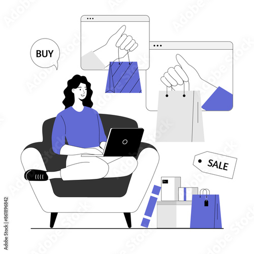 Shopping online. Woman making purchases, ordering delivery and paying with credit cards. Vector illustration with line people for web design.