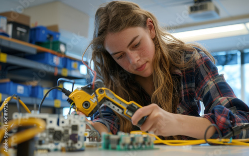 A high school girl student working on her electronic components sitting at a desk in the science laboratory