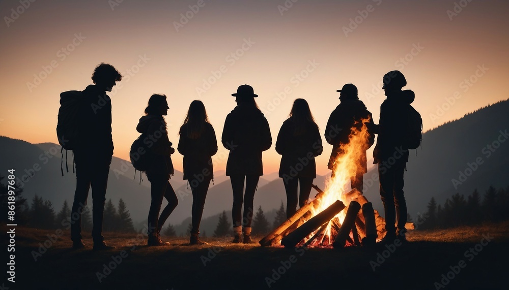 Fototapeta premium A group of friends camping around a crackling bonfire, with the sunset in view 
