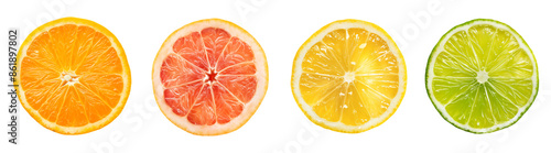Obraz  z motywem Set of sliced citrus fruits, top view, isolated on a transparent background