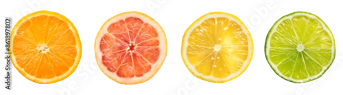 Obraz  z motywem Set of sliced citrus fruits, top view, isolated on a transparent background