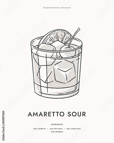 Amaretto sour. Cold cocktail with a slice of orange and cherry in a glass glass. A classic alcoholic drink. Illustration for drinks cards, bar and wedding menus, cards and website graphics.