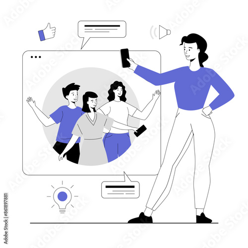 Online meeting, virtual conference. Woman communicates with her friends through a video call on the phone. Vector illustration with line people for web design.