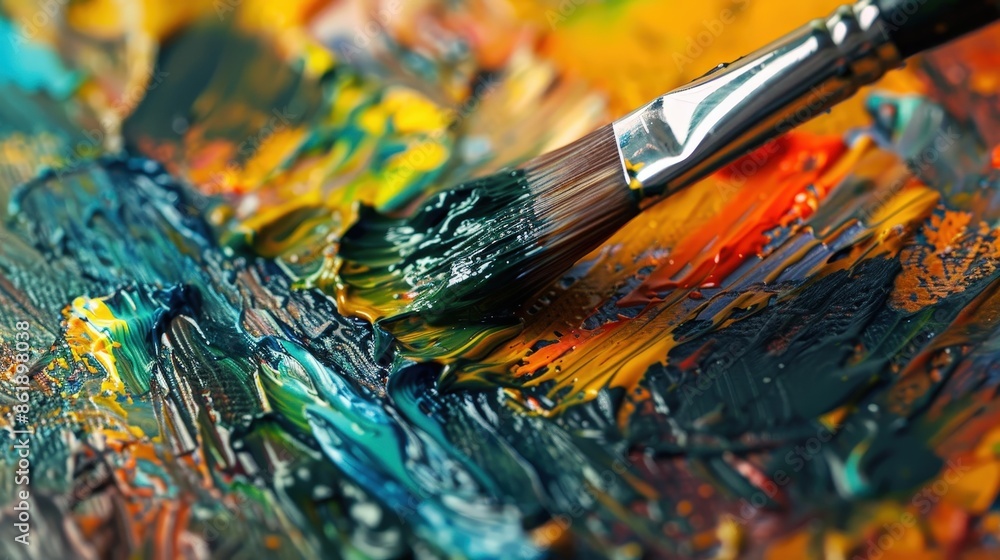 Fototapeta premium A paintbrush with a dark blue paint is being applied to a palette with various colors of oil paint