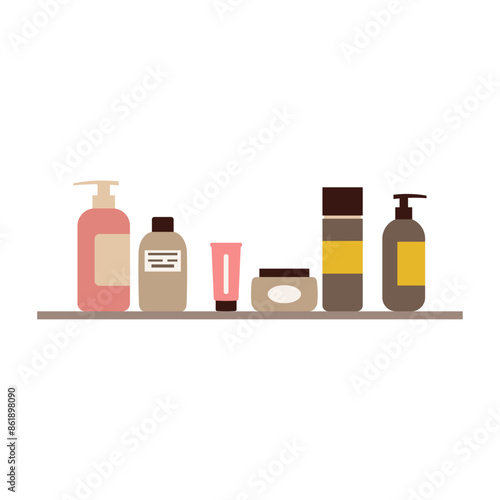 Hand drawn skin care and body care products. Beauty routine and ritual. Tubes and bottles of different shapes and forms in flat style. Cosmetic illustration