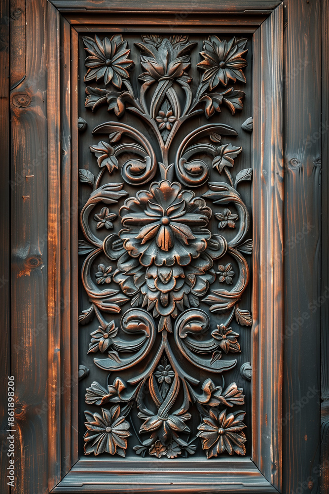 Intricate Floral Wood Carving in Dark Brown Finish