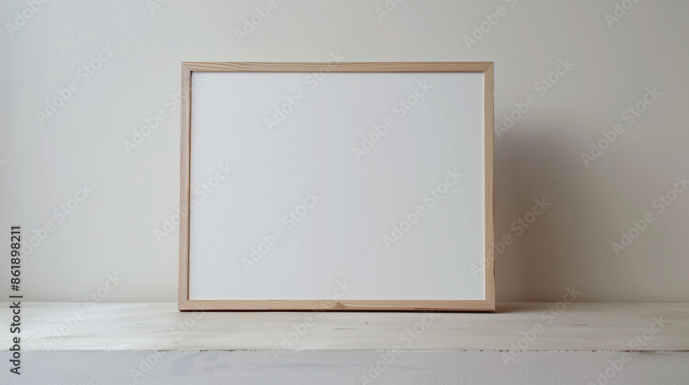 Blank Framed Canvas on Light Shelf with Minimalist Design Blank Framed Canvas on Light Shelf with Minimalist Design