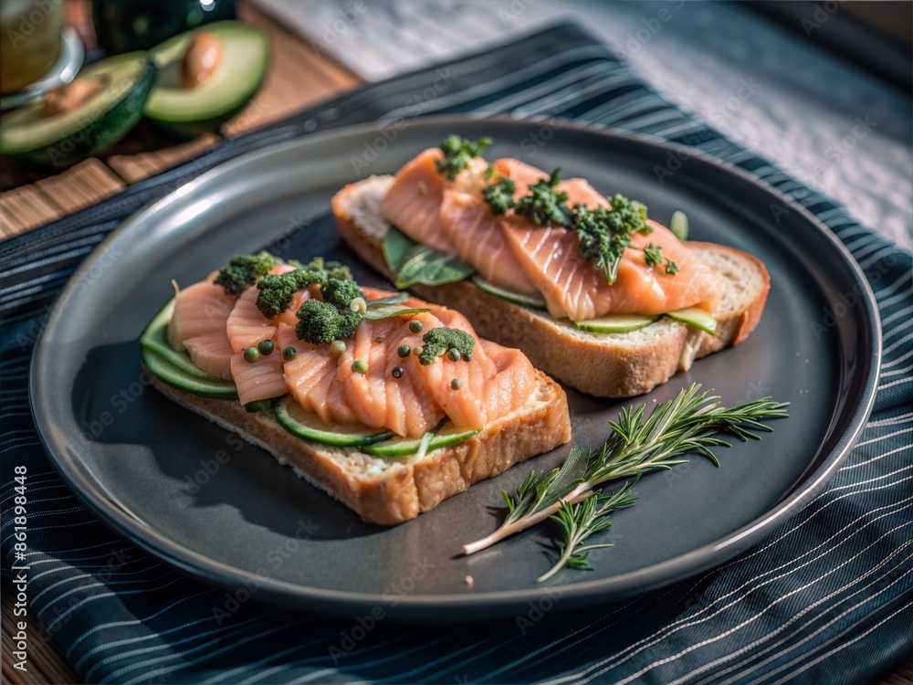 A visually appealing dish of salmon and avocado toast served on a dark plate, garnished with fresh herbs and a sprig of rosemary. A visually appealing dish of salmon and avocado toast served on a dark plate, garnished with fresh herbs and a sprig of rosemary.